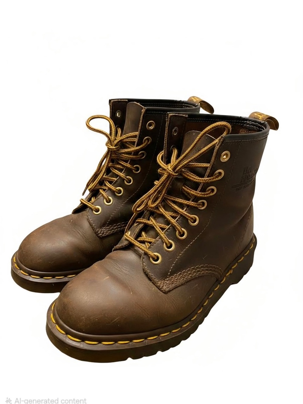 Dr. Martens Brown Leather Lace-Up 6-Eye Boots with Yellow Stitching